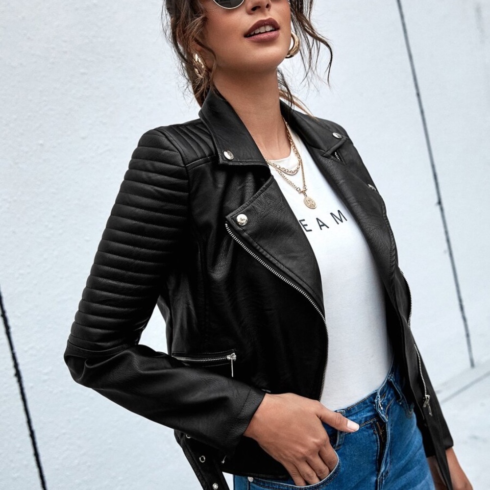 Luxe Vegan Leather Camel Zip up Moto Biker Jacket - Picture 8 of 10